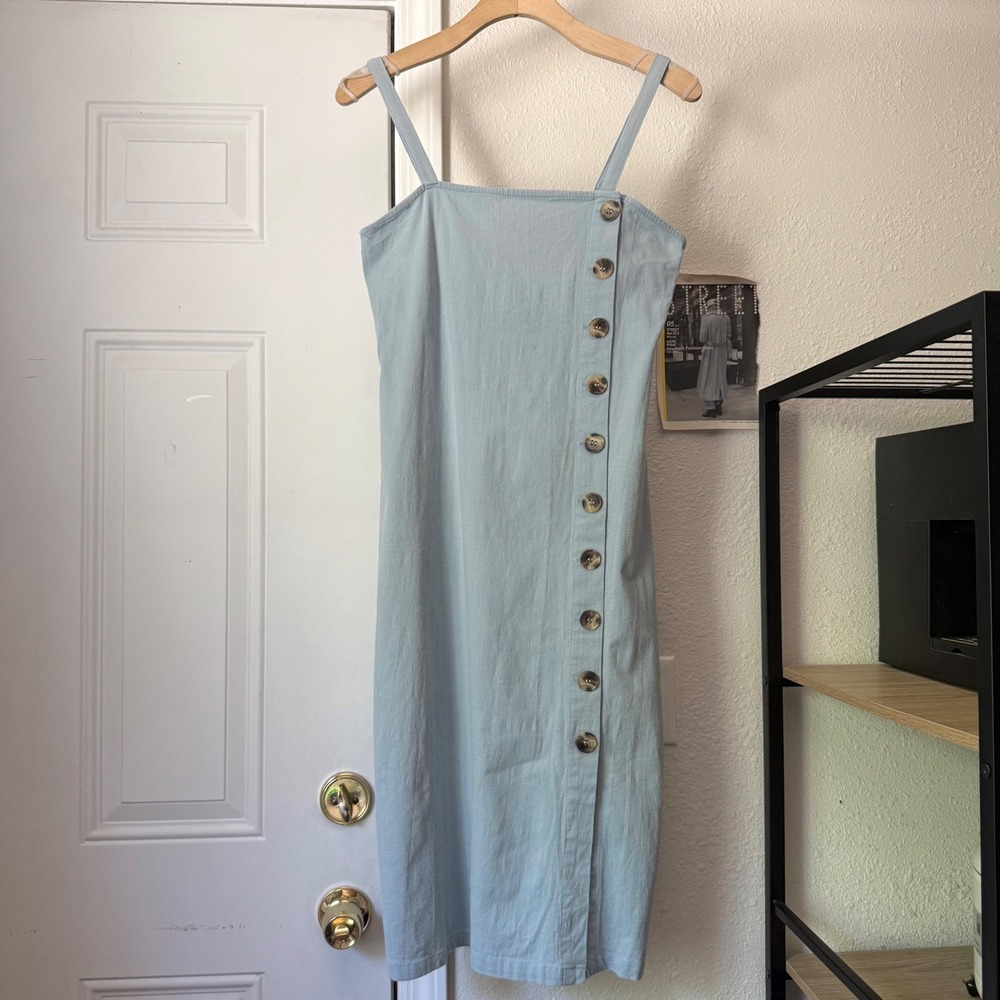 LINEN LUX light baby blue cotton shell button up sleeveless midi dress